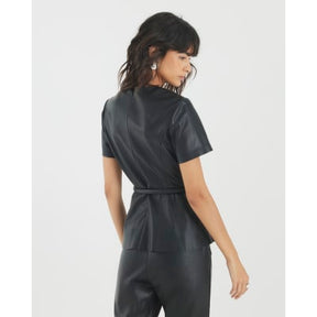 Black Faux Leather Belted Peplum Top