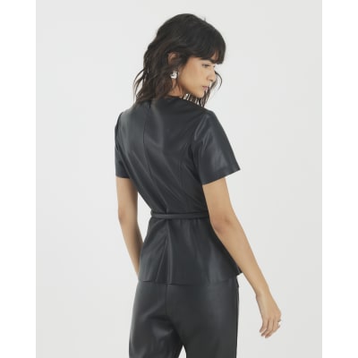Black Faux Leather Belted Peplum Top
