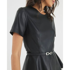 Black Faux Leather Belted Peplum Top