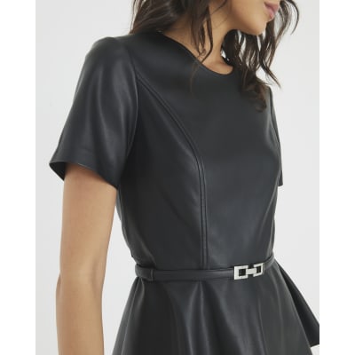 Black Faux Leather Belted Peplum Top