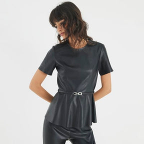 Black Faux Leather Belted Peplum Top