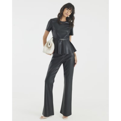 Black Faux Leather Belted Peplum Top