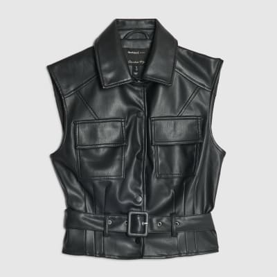 Black Faux Leather Belted Sleeveless Top