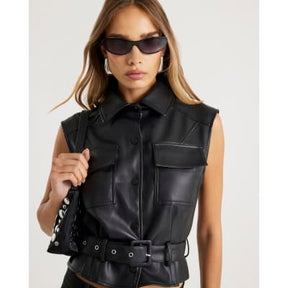 Black Faux Leather Belted Sleeveless Top