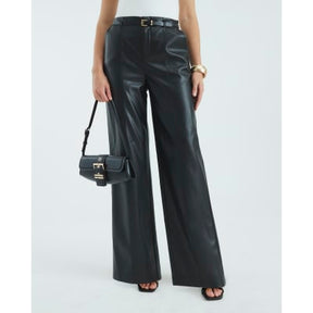 Black Faux Leather Belted Wide Leg Trousers