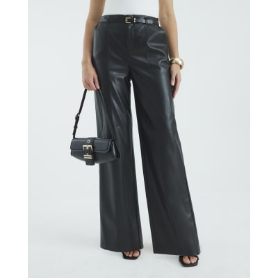 Black Faux Leather Belted Wide Leg Trousers