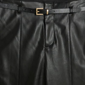 Black Faux Leather Belted Wide Leg Trousers