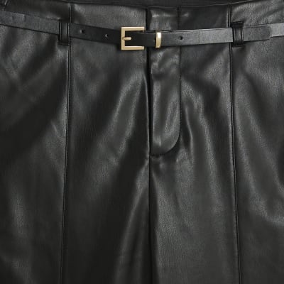 Black Faux Leather Belted Wide Leg Trousers