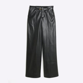Black Faux Leather Belted Wide Leg Trousers