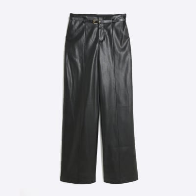 Black Faux Leather Belted Wide Leg Trousers