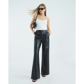 Black Faux Leather Belted Wide Leg Trousers