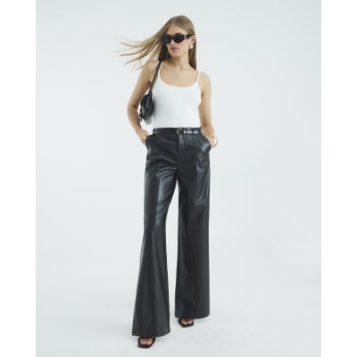 Black Faux Leather Belted Wide Leg Trousers