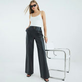 Black Faux Leather Belted Wide Leg Trousers