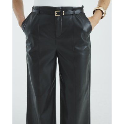 Black Faux Leather Belted Wide Leg Trousers