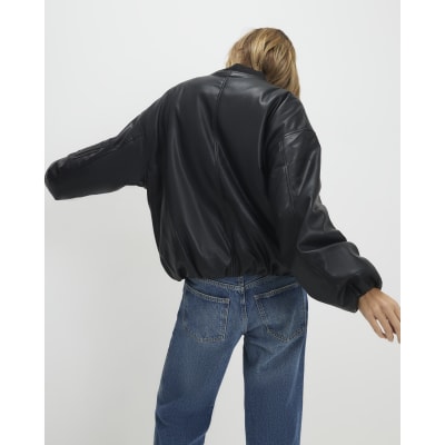 Black Faux Leather Bomber Jacket