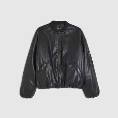 Black Faux Leather Bomber Jacket