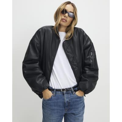 Black Faux Leather Bomber Jacket