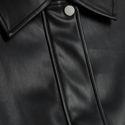 Black Faux Leather Bubble Hem Bomber Jacket