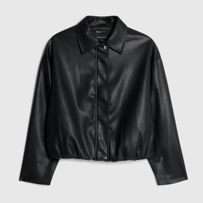 Black Faux Leather Bubble Hem Bomber Jacket