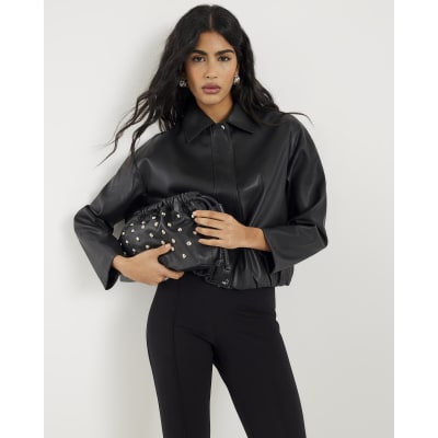 Black Faux Leather Bubble Hem Bomber Jacket