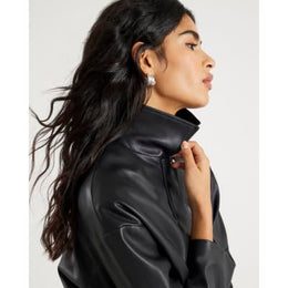 Black Faux Leather Bubble Hem Bomber Jacket