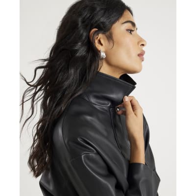 Black Faux Leather Bubble Hem Bomber Jacket
