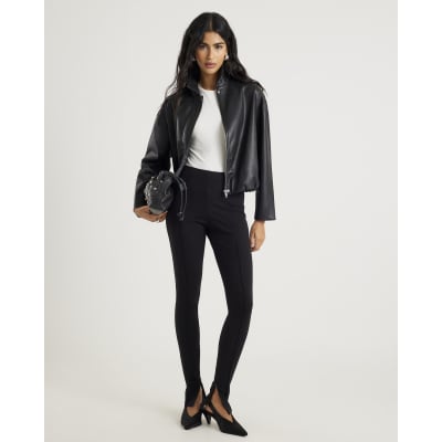 Black Faux Leather Bubble Hem Bomber Jacket