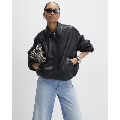 Black Faux Leather Bubble Hem Bomber Jacket