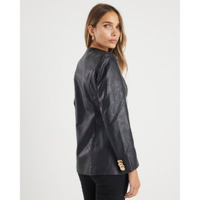 Black Faux Leather Button Collarless Jacket