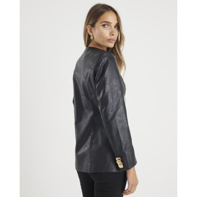 Black Faux Leather Button Collarless Jacket