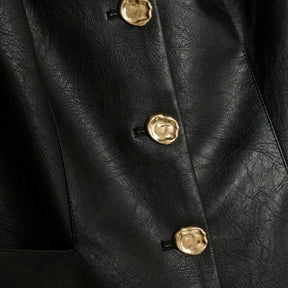 Black Faux Leather Button Collarless Jacket