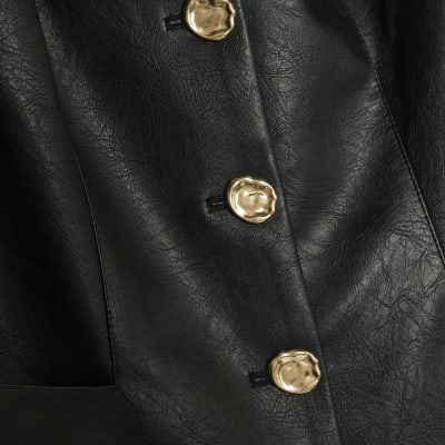 Black Faux Leather Button Collarless Jacket