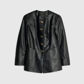 Black Faux Leather Button Collarless Jacket