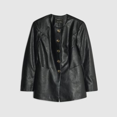 Black Faux Leather Button Collarless Jacket