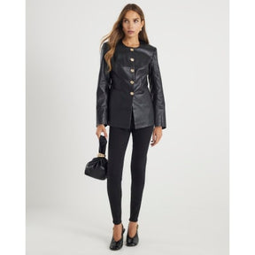 Black Faux Leather Button Collarless Jacket