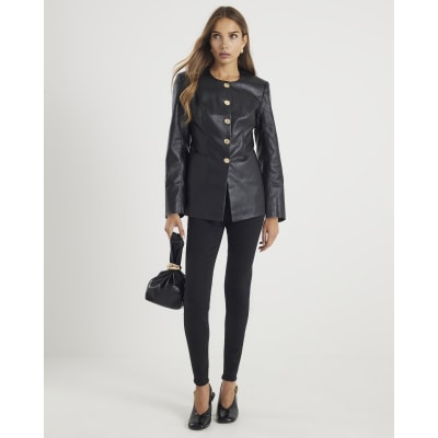 Black Faux Leather Button Collarless Jacket