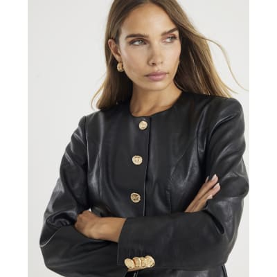 Black Faux Leather Button Collarless Jacket