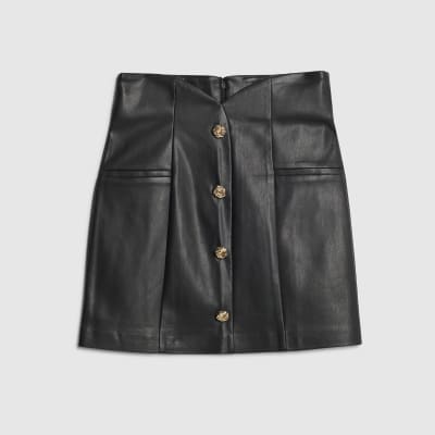 Black Faux leather Button Detail Mini Skirt
