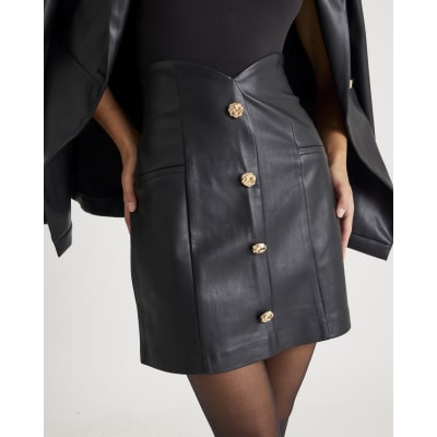 Black Faux leather Button Detail Mini Skirt