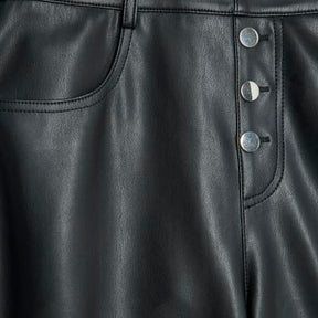 Black Faux Leather Button Flared Trousers