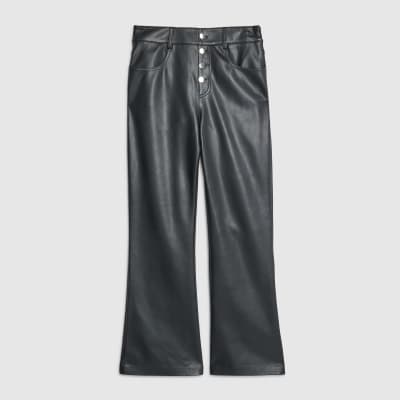 Black Faux Leather Button Flared Trousers