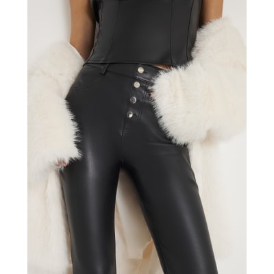 Black Faux Leather Button Flared Trousers