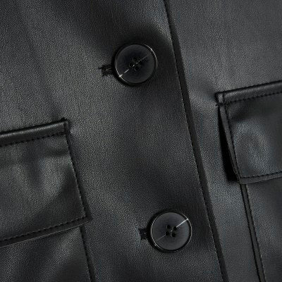 Black Faux Leather Button Through Jacket