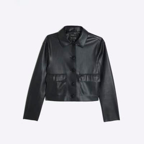 Black Faux Leather Button Through Jacket