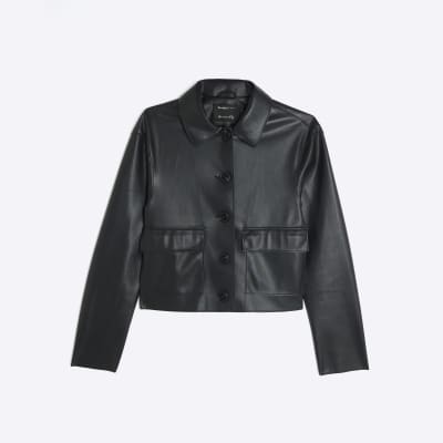 Black Faux Leather Button Through Jacket
