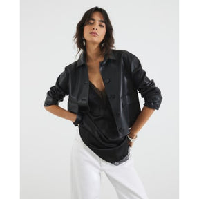 Black Faux Leather Button Through Jacket
