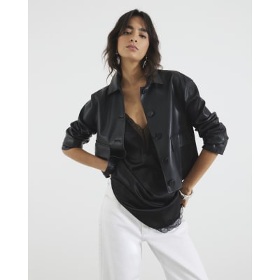 Black Faux Leather Button Through Jacket