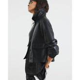 Black Faux Leather Button Through Jacket