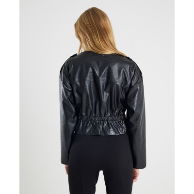Black Faux Leather Croc Print Peplum Jacket