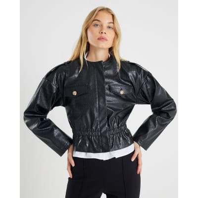 Black Faux Leather Croc Print Peplum Jacket